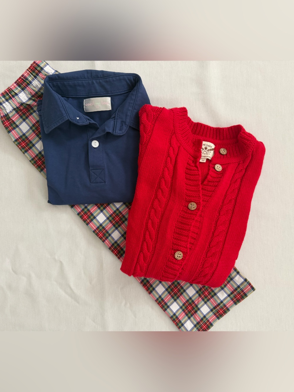 Red Cable-Knit Cardigan, Navy Polo & Tartan Plaid Pants Matching Set
